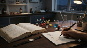 Chemistry study scene showing chemical formulas with subscripts such as H₂O, CO₂, NH₃, and Ca(OH)₂