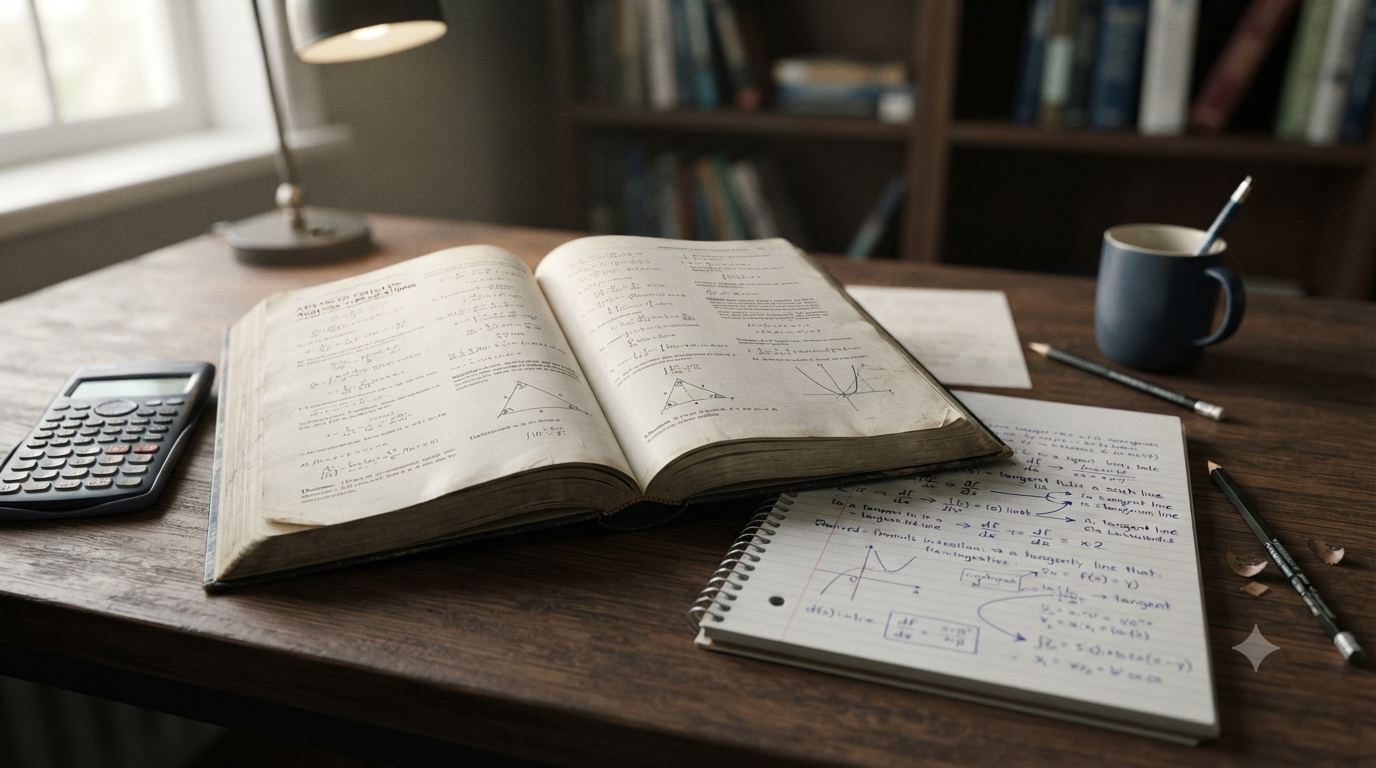 Open mathematics textbook showing formulas, variables, equations, symbols, and mathematical relationships