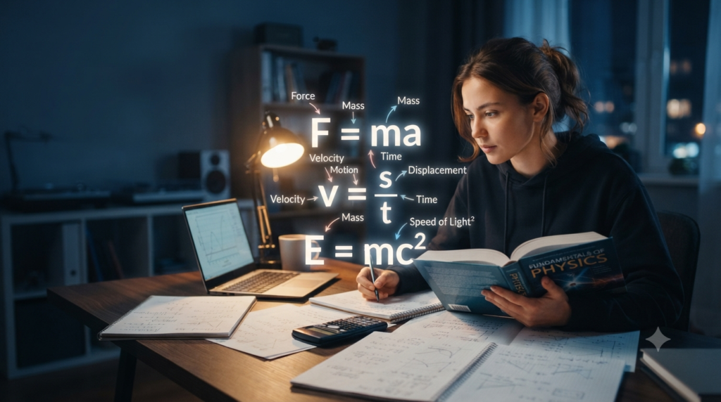 Learner studying physics formulas including force, velocity, mass, energy, equations, graphs, and scientific concepts at a desk.