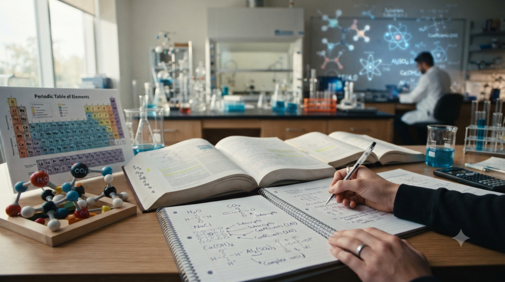 Chemistry study desk with chemical formulas, element symbols, molecular structures, subscripts, and coefficients