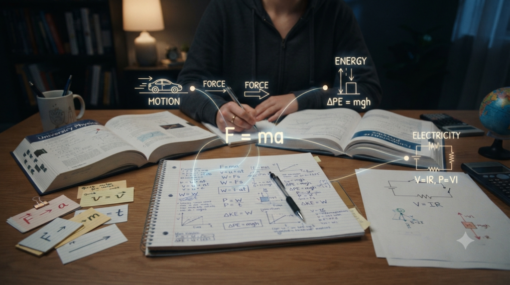 Physics formula study desk with equations, flashcards, textbooks, diagrams, and notes for learning important physics formulas