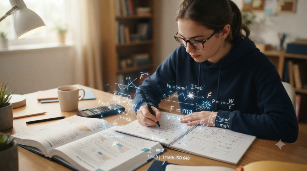 Learner solving physics formula based problems with equations, calculations, graphs, and scientific diagrams on a study desk