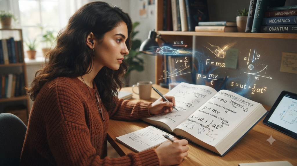 Beginner learning physics formulas with equations, units, graphs, vectors, and basic physics concepts on a study desk