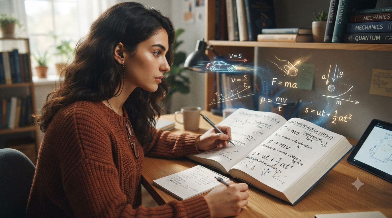 Beginner learning physics formulas with equations, units, graphs, vectors, and basic physics concepts on a study desk