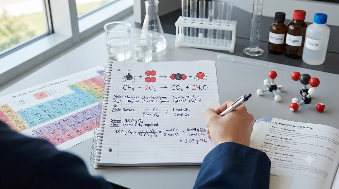 Chemical formulas, balanced equations, mole ratios, and molar mass calculations used in stoichiometry