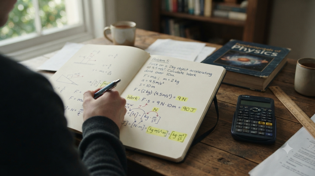 Physics student checking a solved problem using units and dimensional analysis with formulas, unit conversions, and SI units