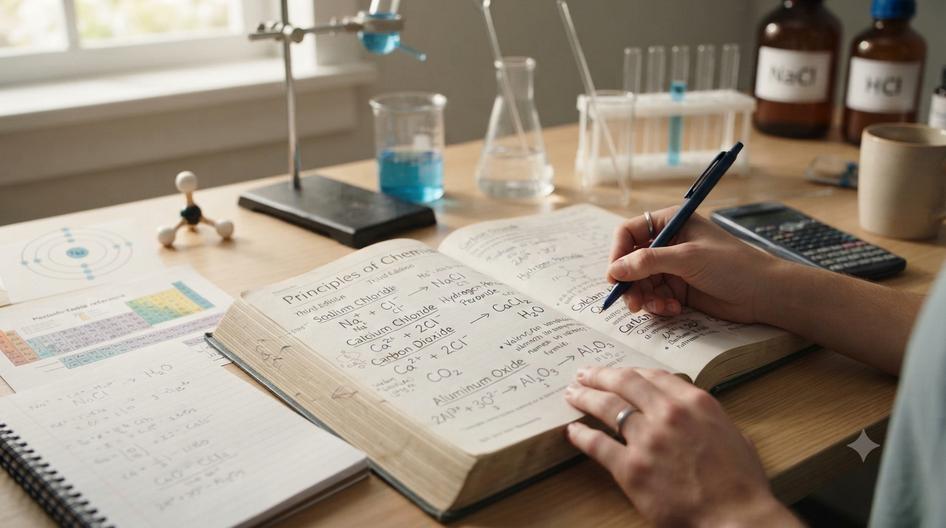 Chemistry study scene showing chemical names, ion charges, valency, and formulas such as NaCl, CaCl₂, Al₂O₃, and CO₂