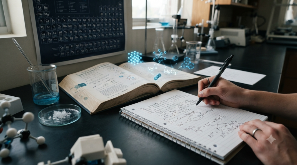 Chemistry study scene showing chemical formulas, valency numbers, ionic charges, and the criss-cross method for writing compound formulas