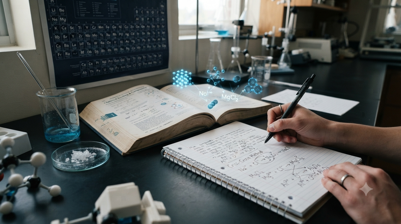 Chemistry study scene showing chemical formulas, valency numbers, ionic charges, and the criss-cross method for writing compound formulas