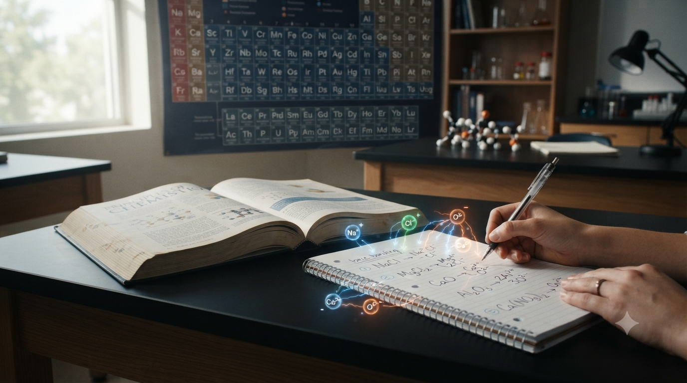 Chemistry study scene showing ionic charges and formulas for common ionic compounds such as NaCl, MgCl₂, CaO, and Al₂O₃