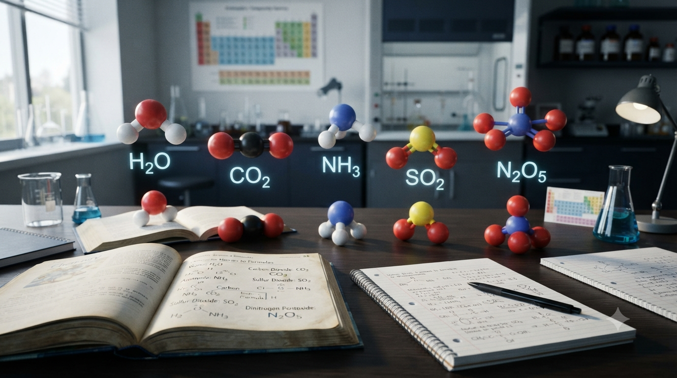 Chemistry study desk showing molecular models, chemical symbols, formulas, and subscripts used to write molecular compound formulas