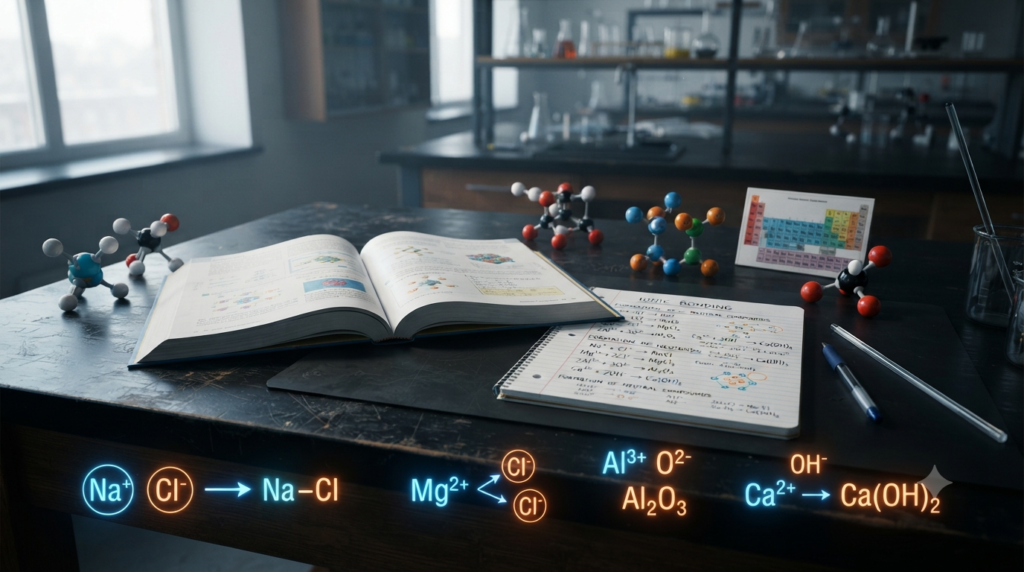 Chemistry study scene showing ionic charges, chemical symbols, and balanced formulas for writing ionic compounds