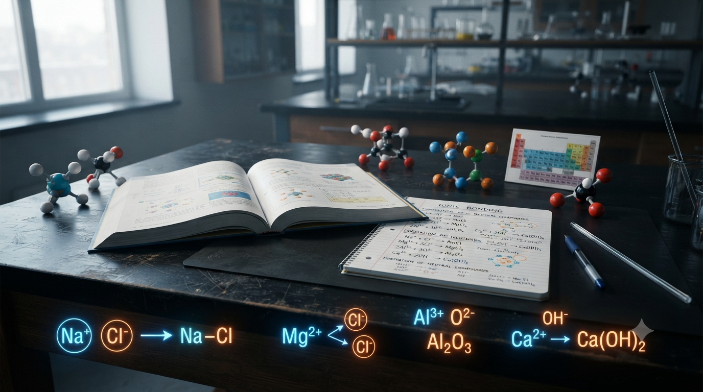 Chemistry study scene showing ionic charges, chemical symbols, and balanced formulas for writing ionic compounds
