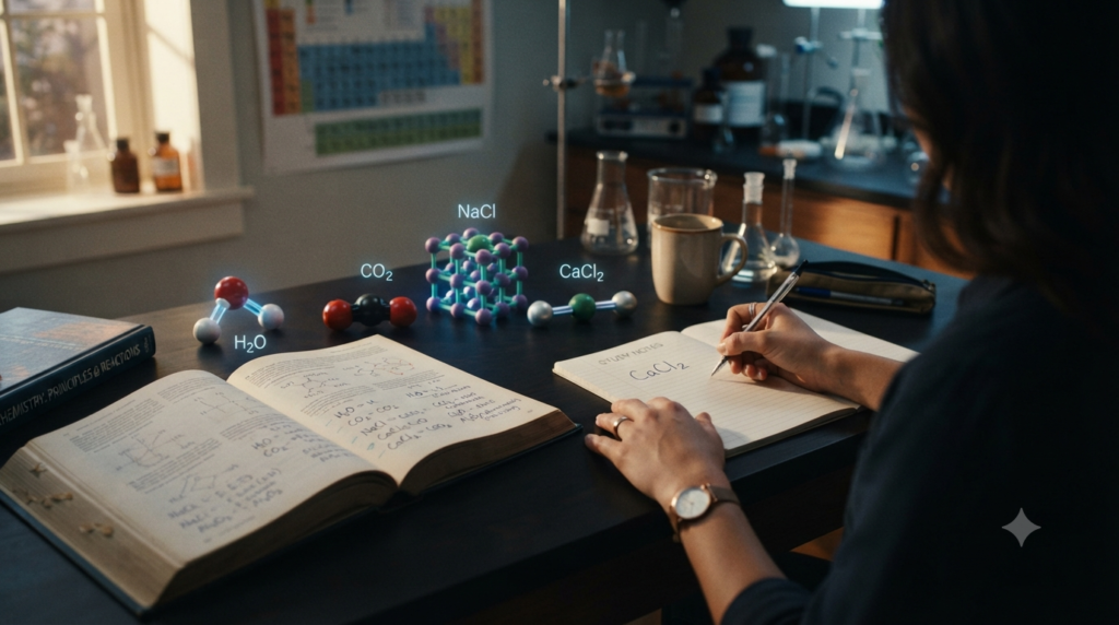 Chemistry study desk with chemical formulas, molecular models, periodic table, and notes for learning how to write simple chemical formulas