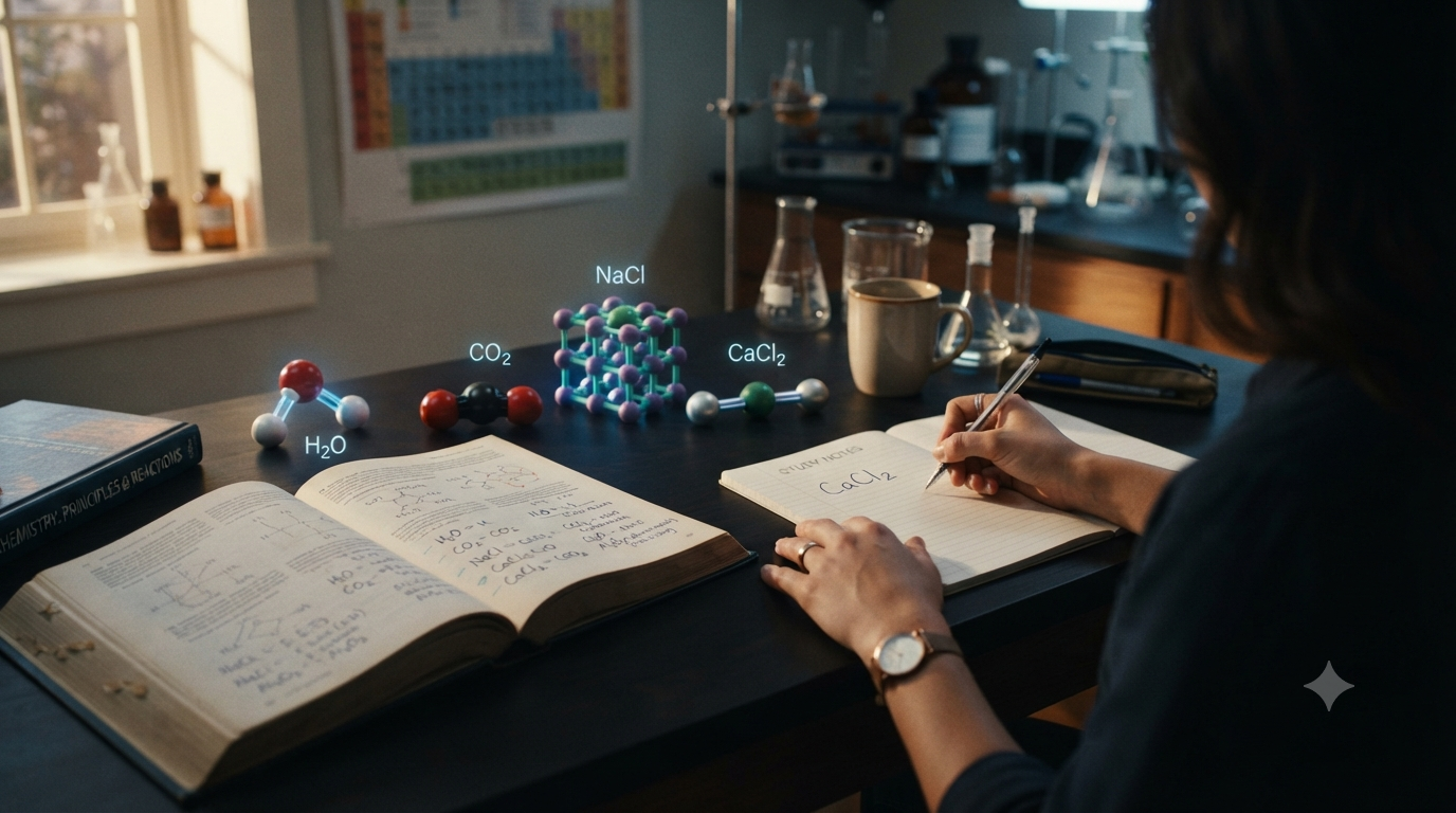 Chemistry study desk with chemical formulas, molecular models, periodic table, and notes for learning how to write simple chemical formulas