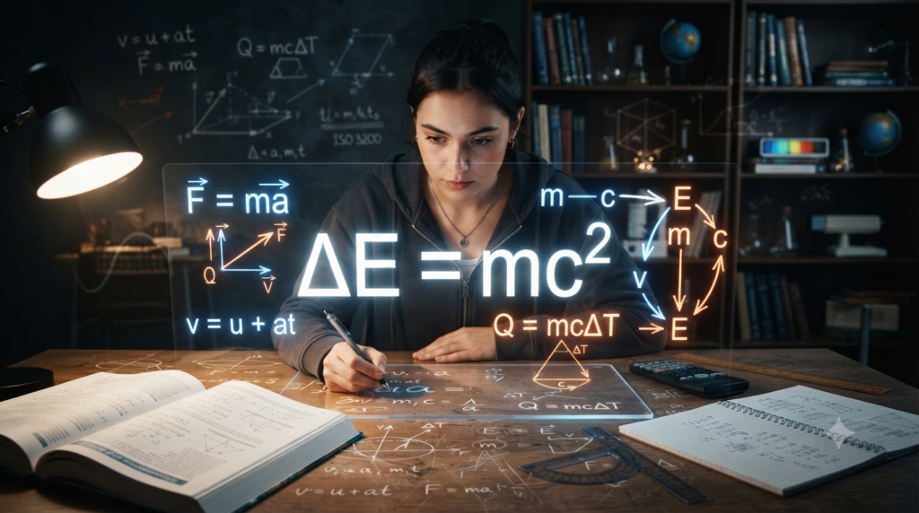 Physics formula with variables, symbols, equations, and scientific measurements for learning how to identify variables
