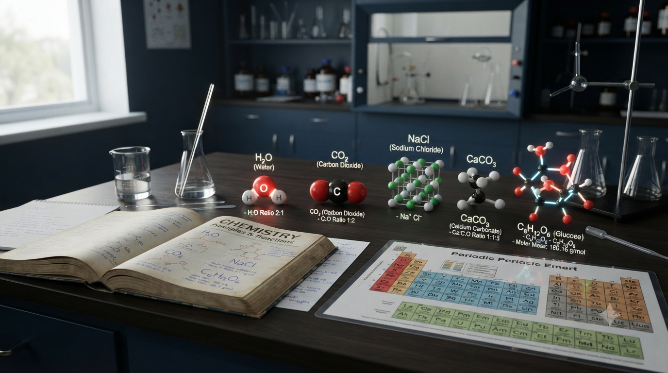 Chemical formulas showing elements, atom ratios, molecular composition, and mass information in chemistry