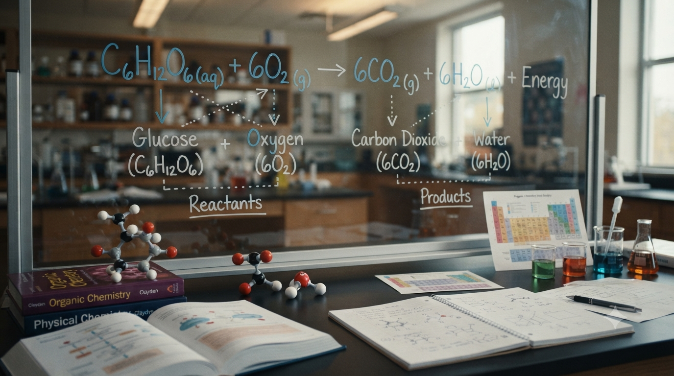 Chemical formulas, subscripts, coefficients, molecular models, and balanced equations showing how substances are represented in chemical reactions.