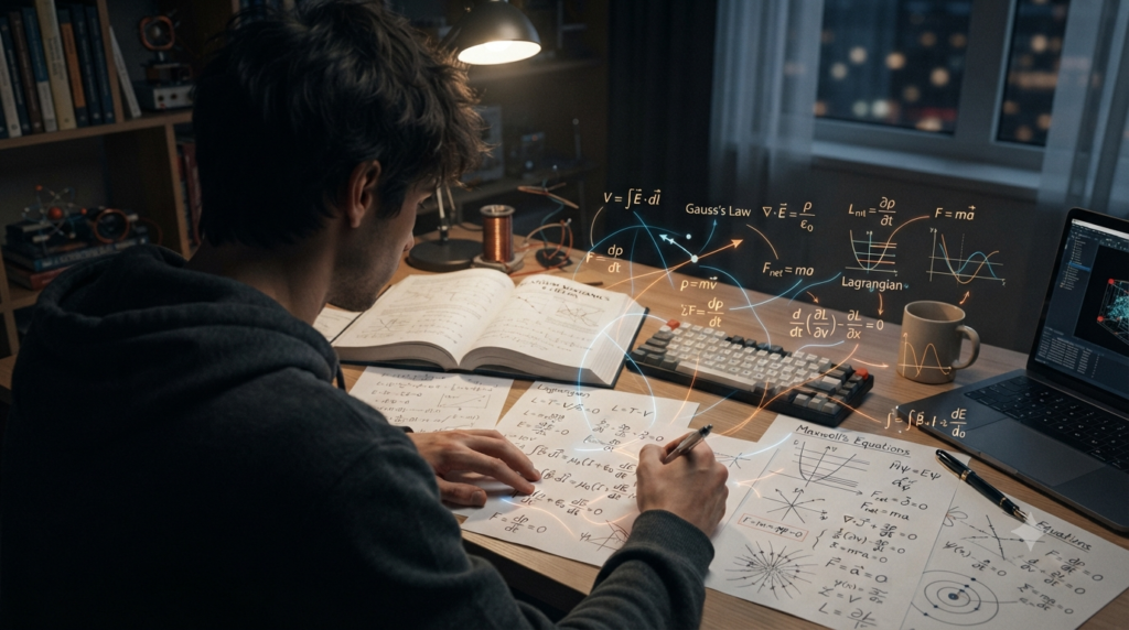 Learner studying physics formulas, equations, units, and diagrams to understand concepts without rote memorization