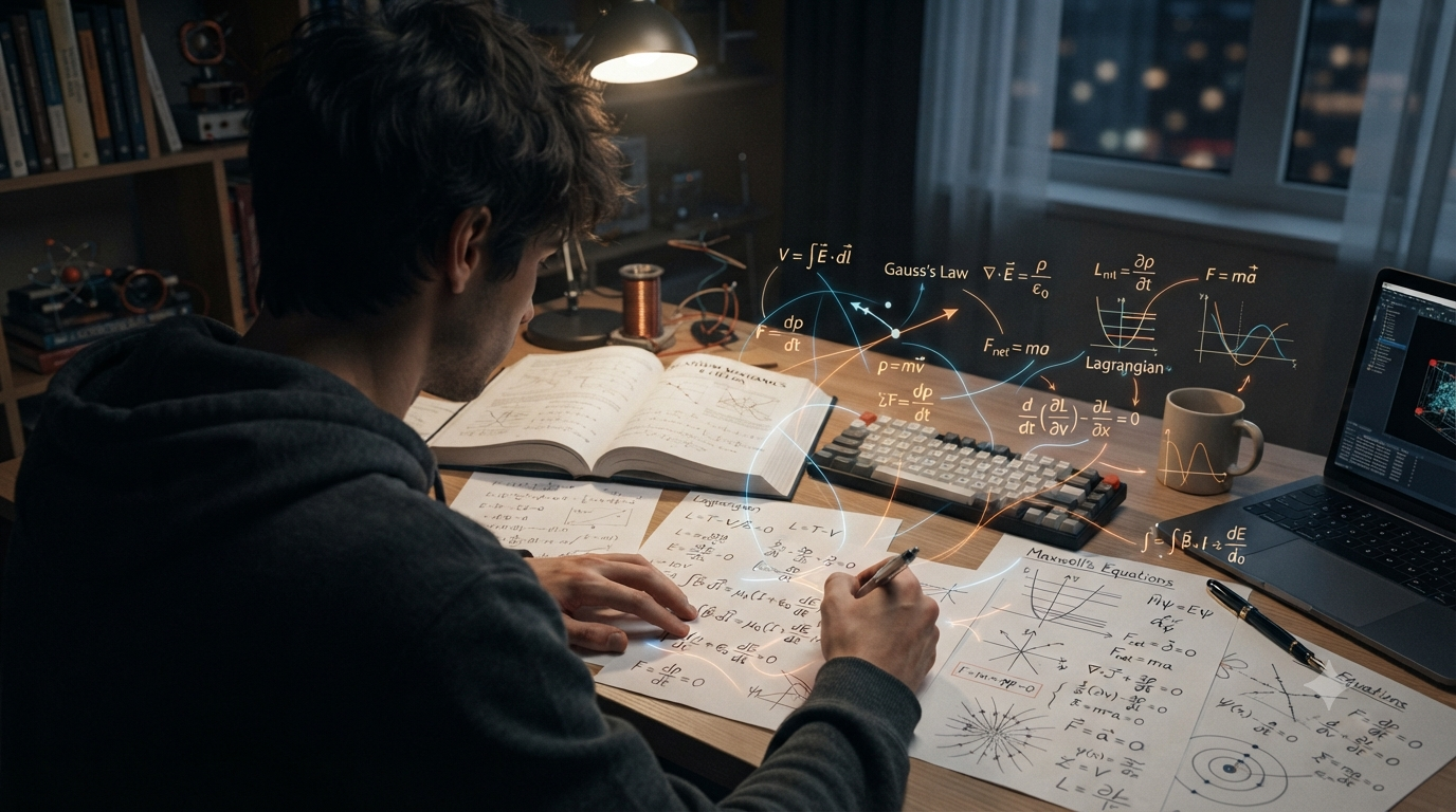 Learner studying physics formulas, equations, units, and diagrams to understand concepts without rote memorization