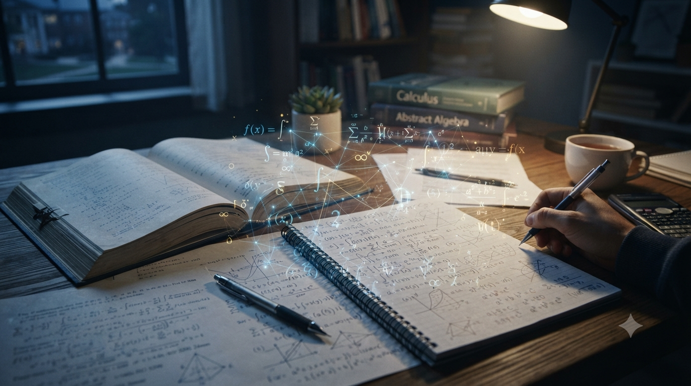 Mathematical formulas, equations, graphs, and geometric concepts on a study desk