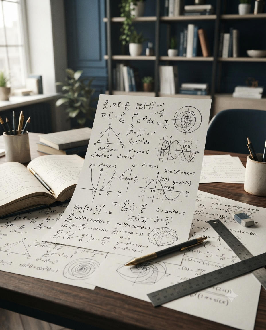 Mathematics formulas, graphs, numbers and geometric shapes