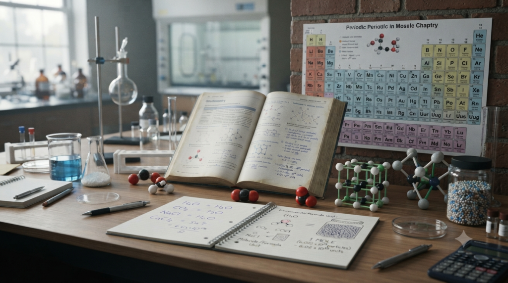 Chemistry study scene explaining molar mass, molecular mass, and formula mass with chemical formulas and molecular models