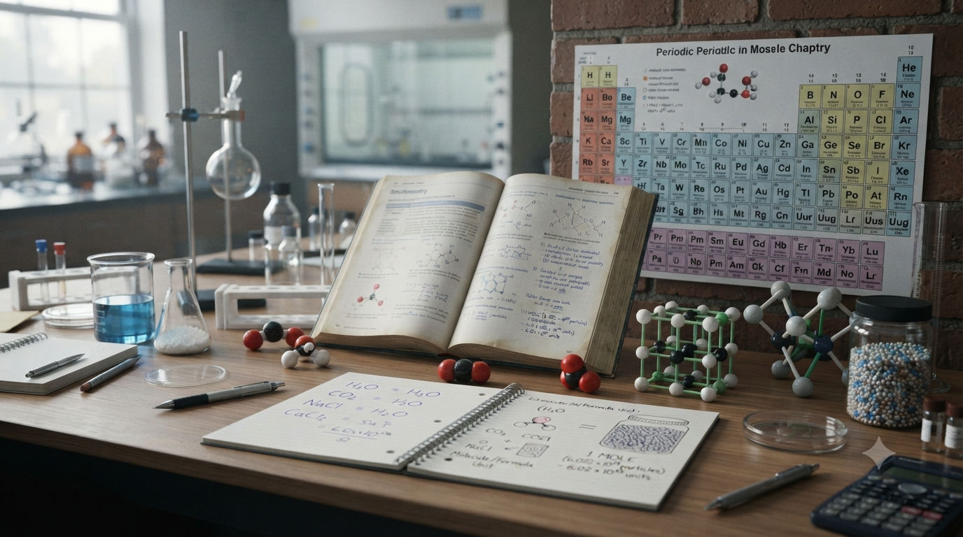 Chemistry study scene explaining molar mass, molecular mass, and formula mass with chemical formulas and molecular models