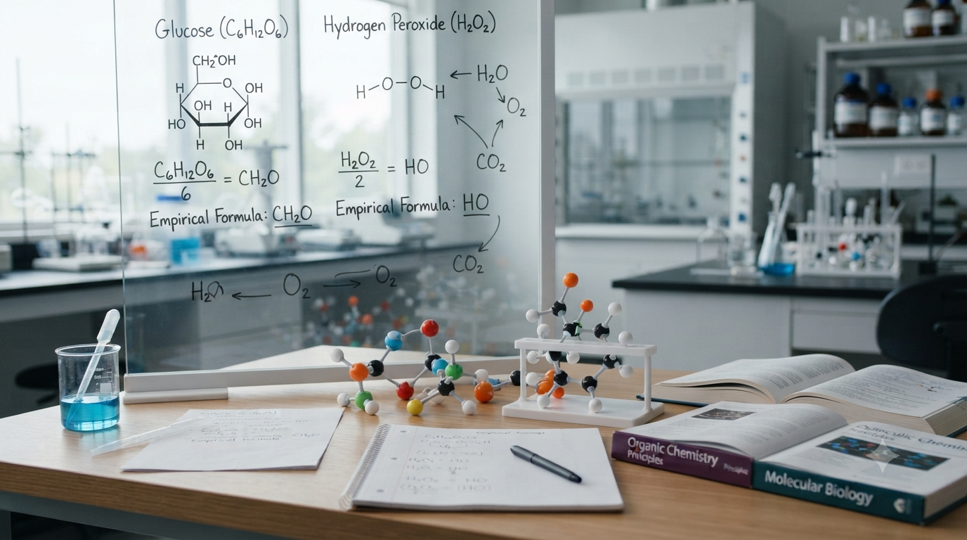 Chemistry comparison of molecular formula and empirical formula showing C₆H₁₂O₆ and CH₂O with molecular structures