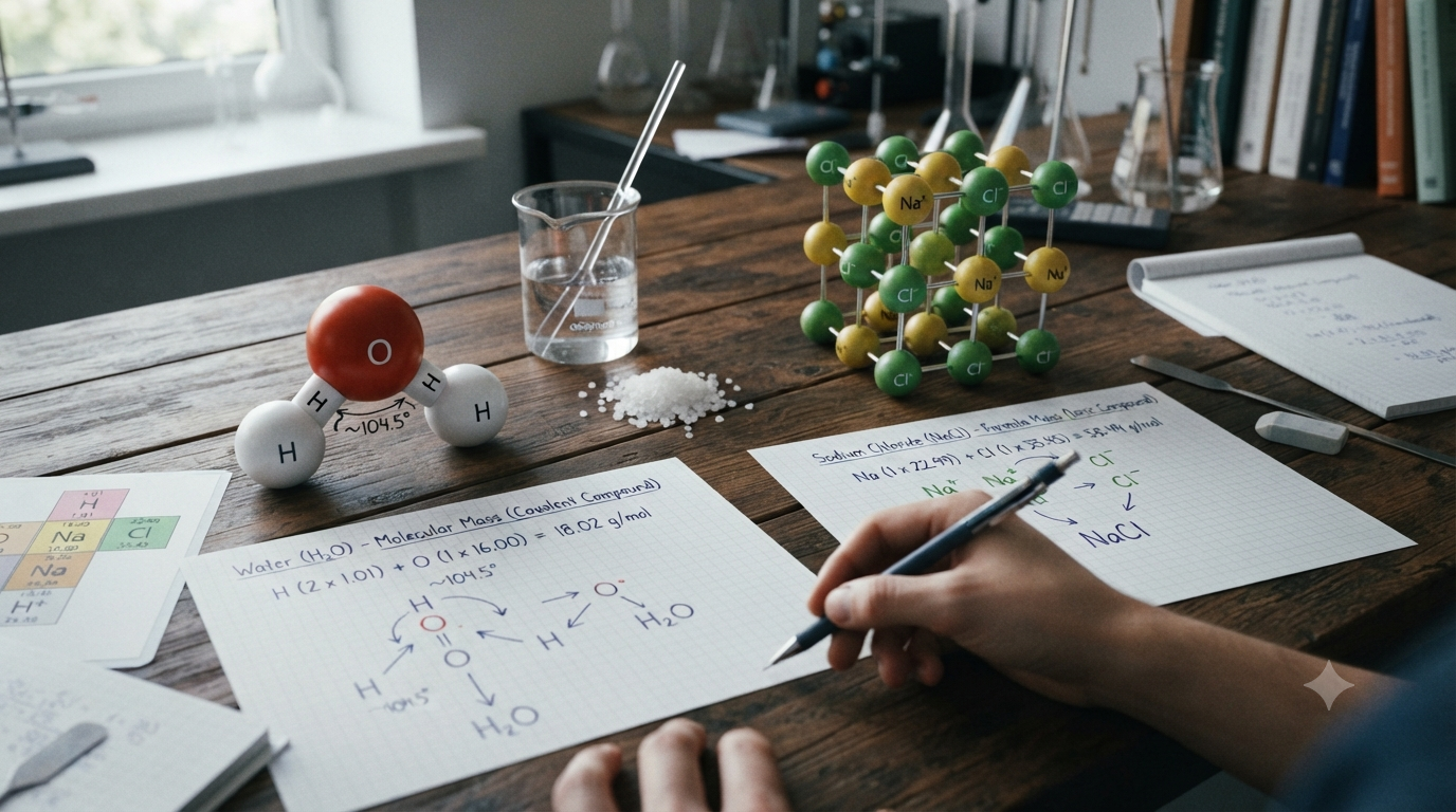 Visual comparison of molecular mass and formula mass using H₂O and NaCl with atomic structures and chemistry calculations.