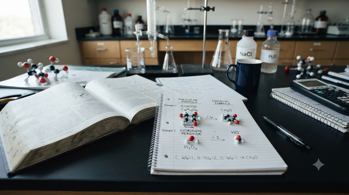 Molecular and empirical formulas comparison showing chemical formulas, molecular structures, subscripts, and simplified atomic ratios.