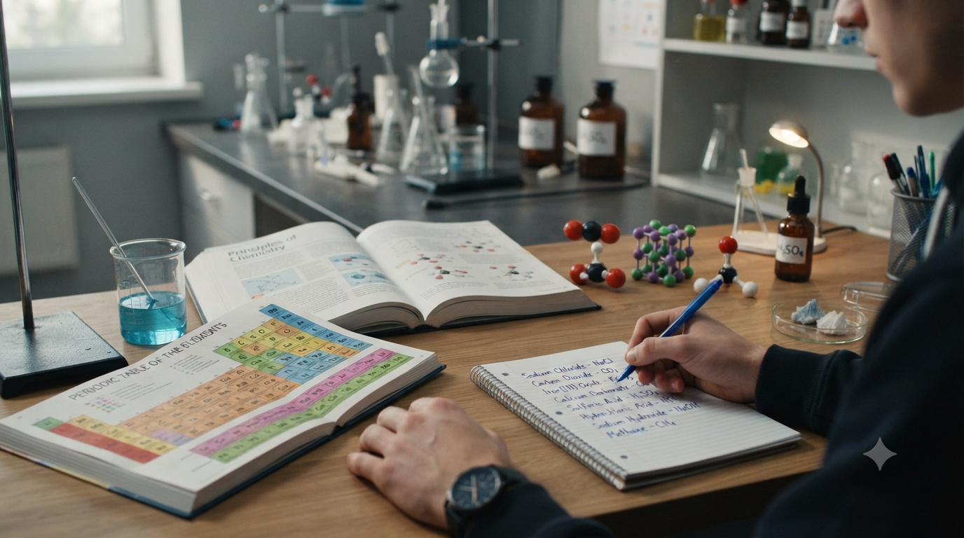 Chemistry study desk showing chemical formulas and compound names for learning how to name ionic, molecular, acid, and polyatomic compounds.