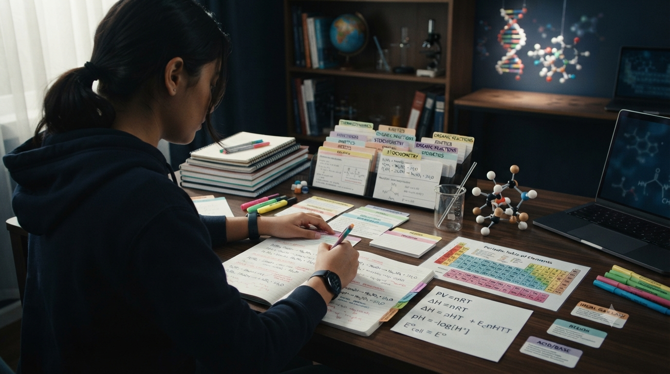 Student organizing chemistry formulas, chemical equations, ions, symbols, and calculation formulas in a study notebook for easy revision.