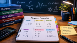 Organized physics formulas, equations, diagrams, and notes arranged for easy revision and quick study