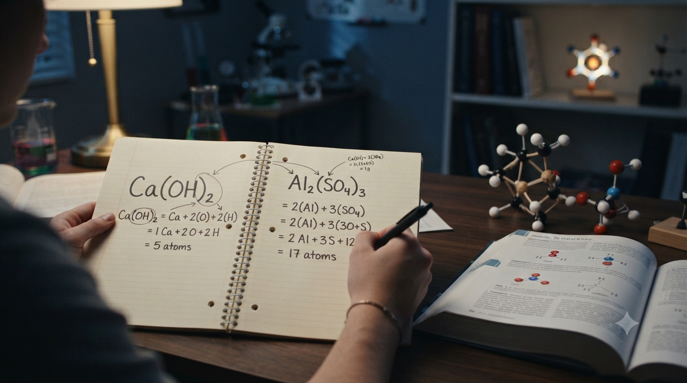 Chemical formulas showing how parentheses and subscripts affect the number of atoms in compounds