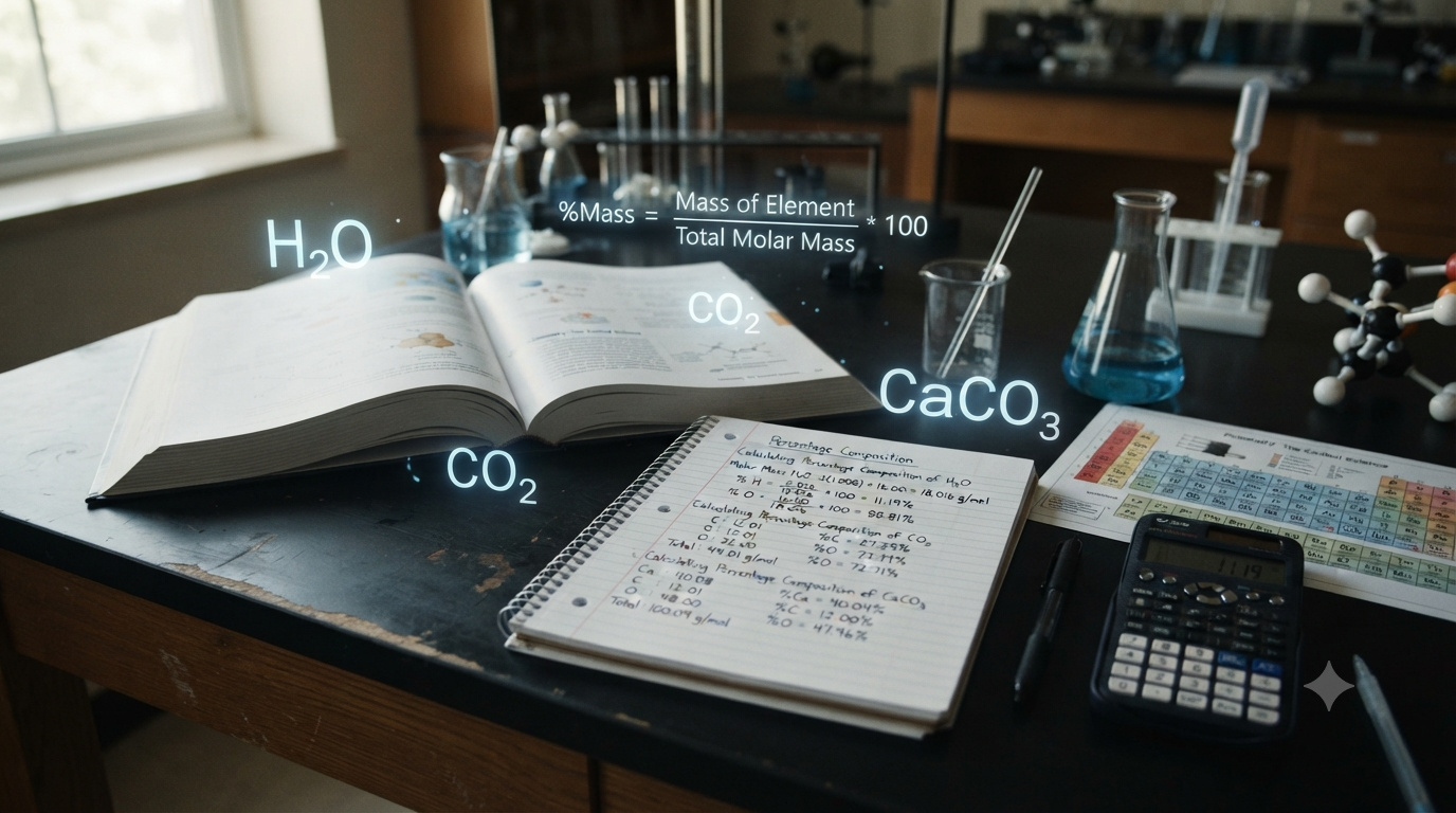 Chemistry study scene showing percentage composition calculations using chemical formulas, atomic masses, and molar mass