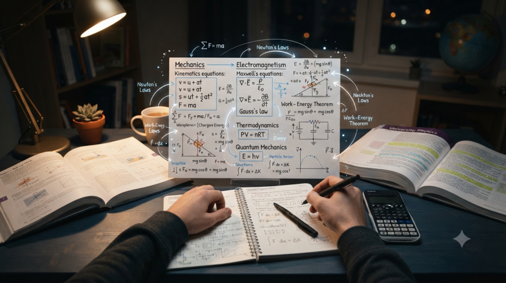 Organized physics formula sheet with equations, units, graphs, vectors, and physics textbooks on a study desk