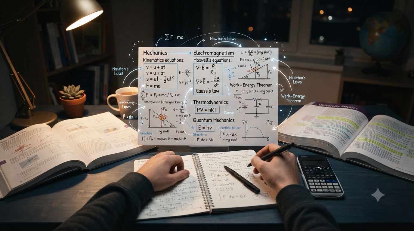 Organized physics formula sheet with equations, units, graphs, vectors, and physics textbooks on a study desk