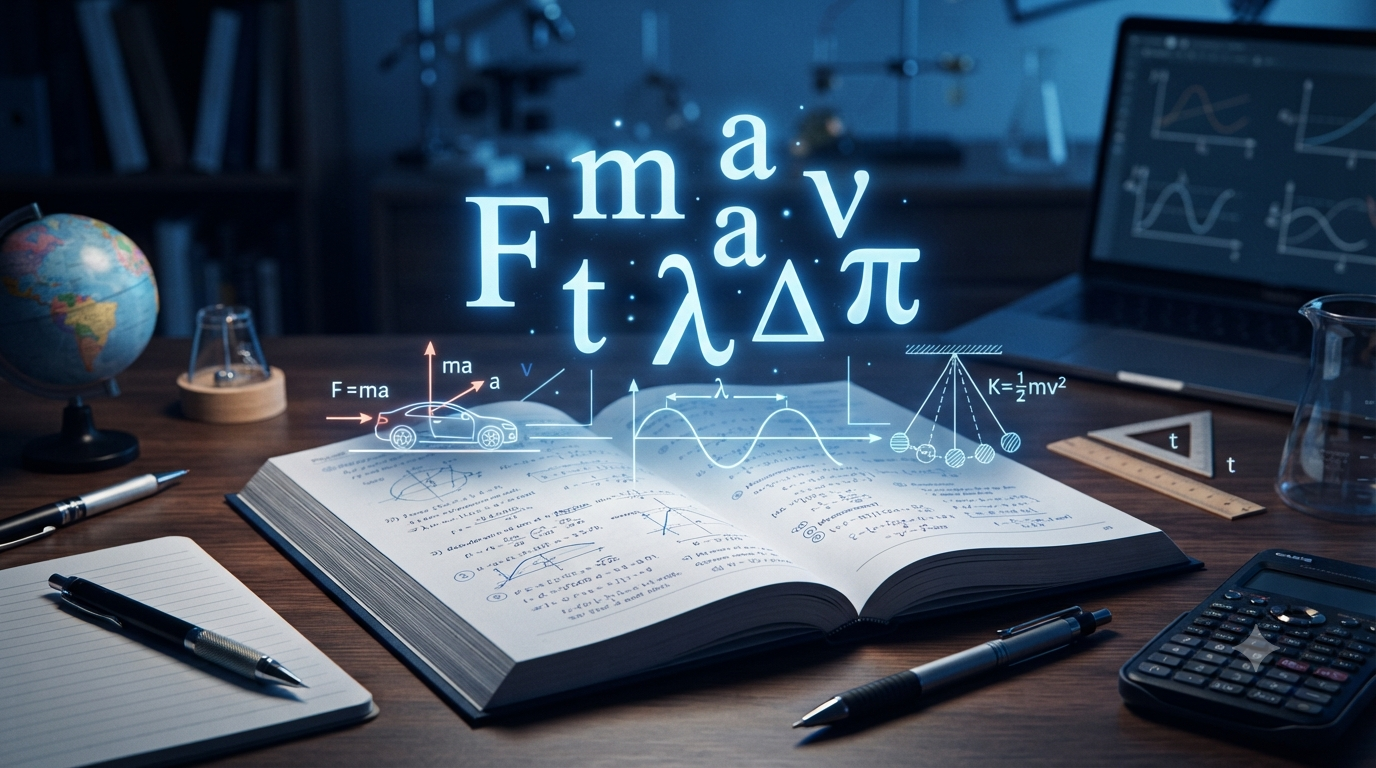 Physics formula symbols such as force, mass, acceleration, velocity, time, wavelength, and mathematical signs shown in a physics study scene.