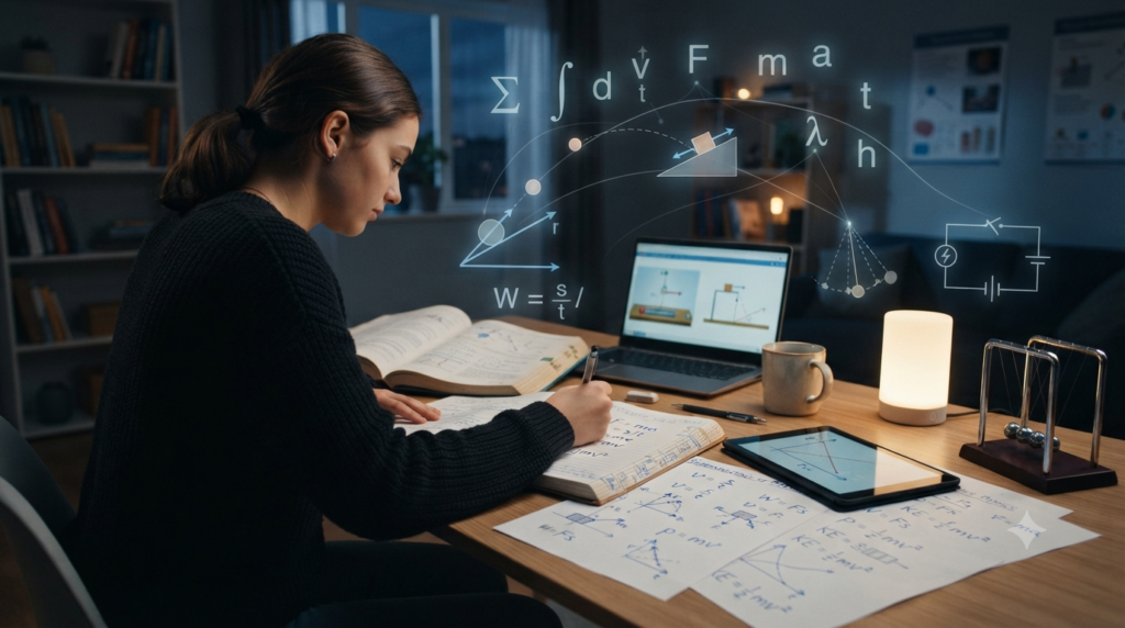 Physics formulas such as force, speed, momentum, work, and energy equations used to understand physical relationships
