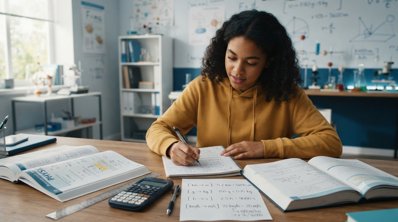 Learner converting physics units such as kilometres to metres, grams to kilograms, and kilometres per hour to metres per second before solving formulas.