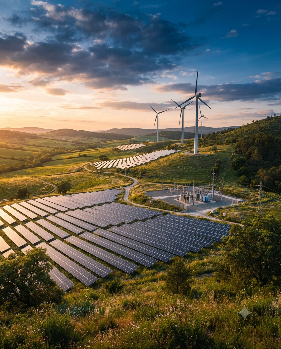 Solar panels and wind turbines for renewable energy