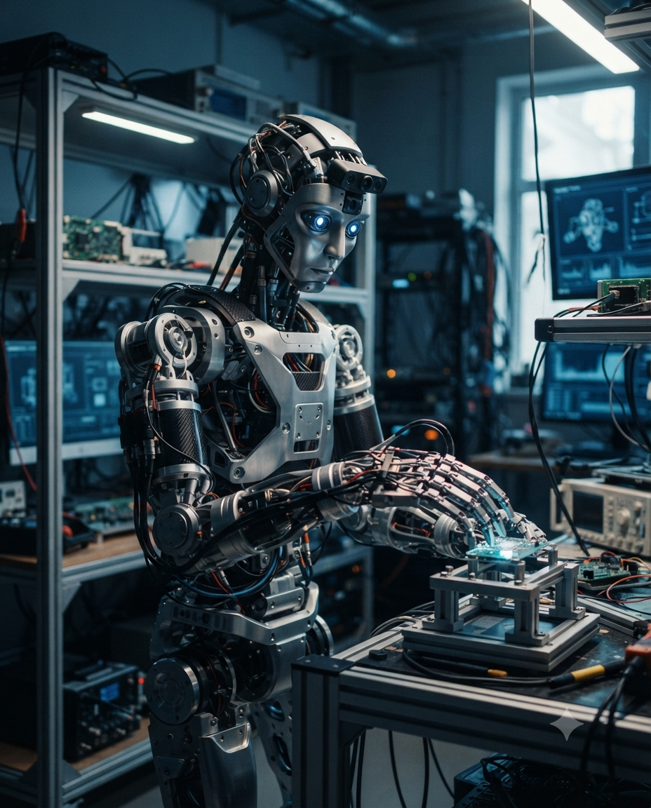 Modern humanoid robot with engineering components and sensors