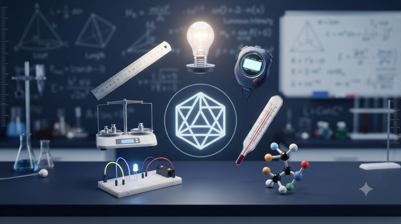 Seven SI base units and their official symbols represented by scientific measurement instruments for physics education.