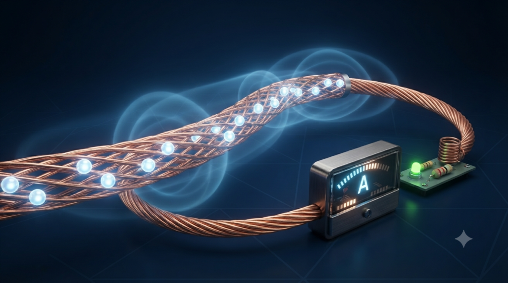 SI unit of electric current ampere shown with an electric circuit and ammeter measuring current