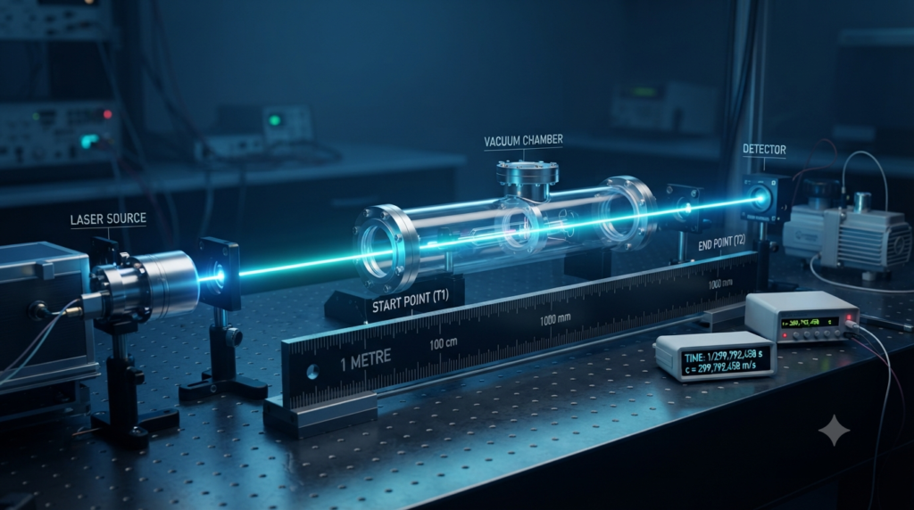 SI unit of length metre with a scientific measuring scale and light beam illustrating its modern definition