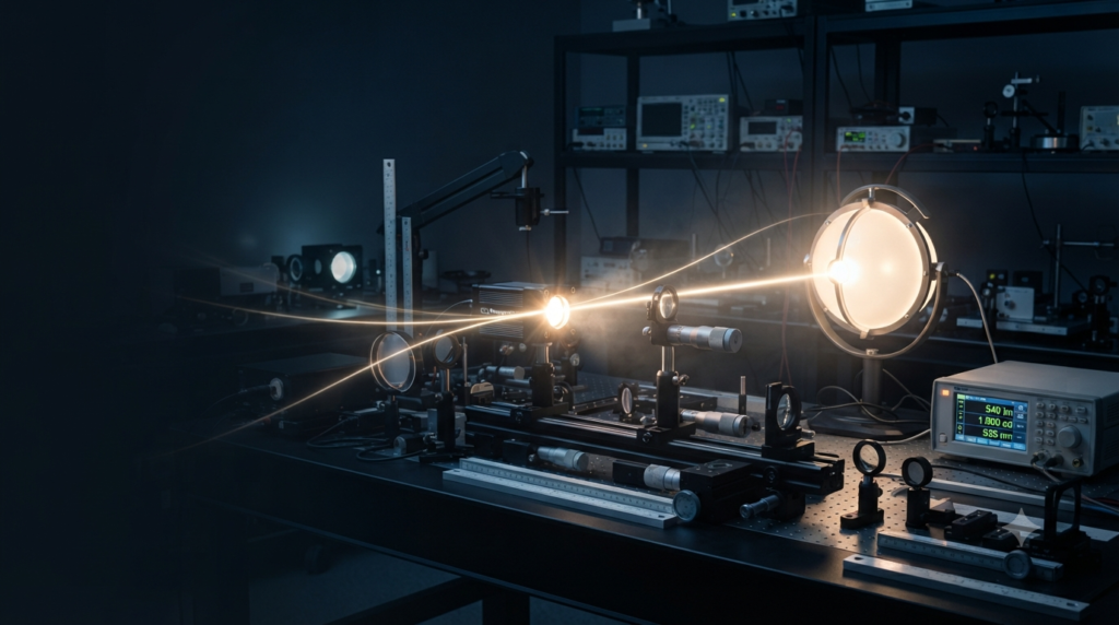 Scientific illustration showing luminous intensity and the SI unit candela with a focused beam of visible light