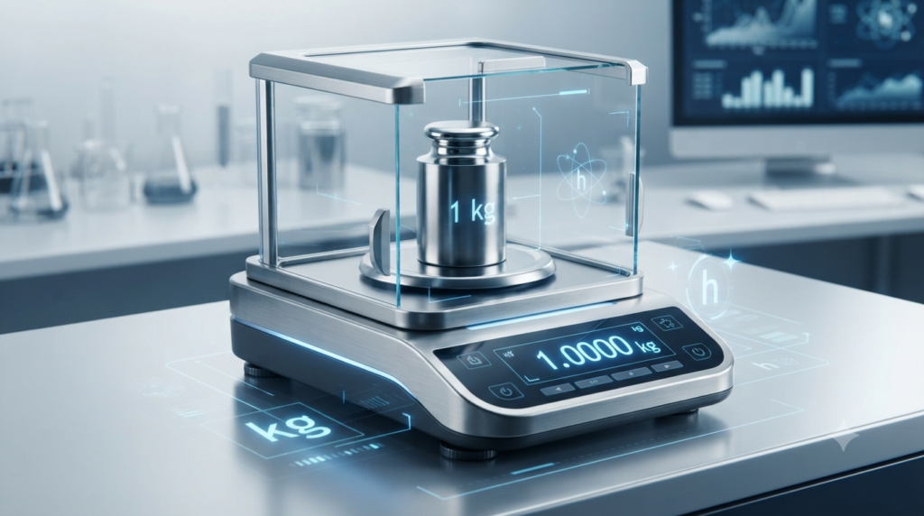 Kilogram mass on a scientific balance representing the SI unit of mass
