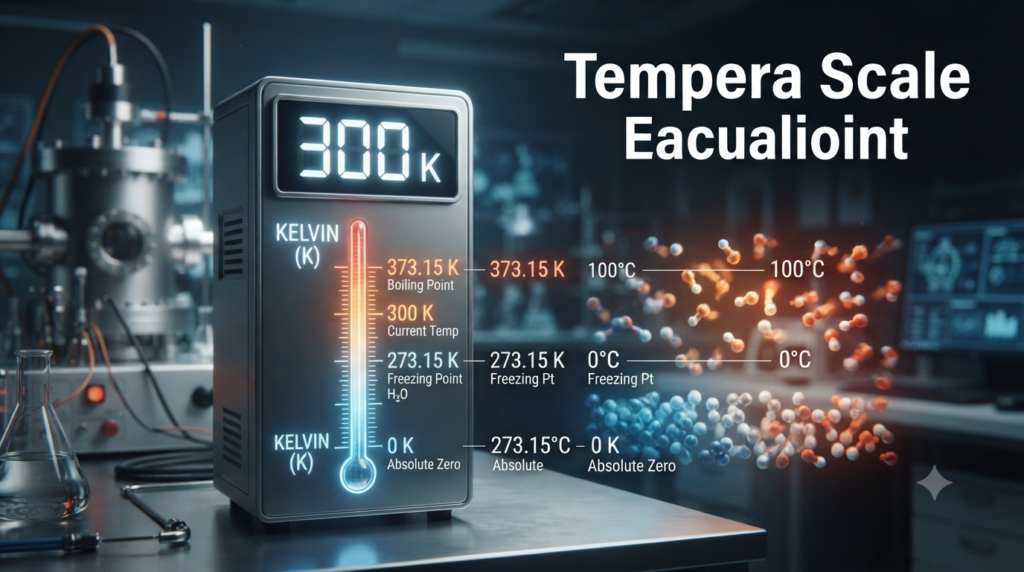 Scientific thermometer displaying 300 K with a Kelvin temperature scale, absolute zero, and Celsius conversion in a laboratory.