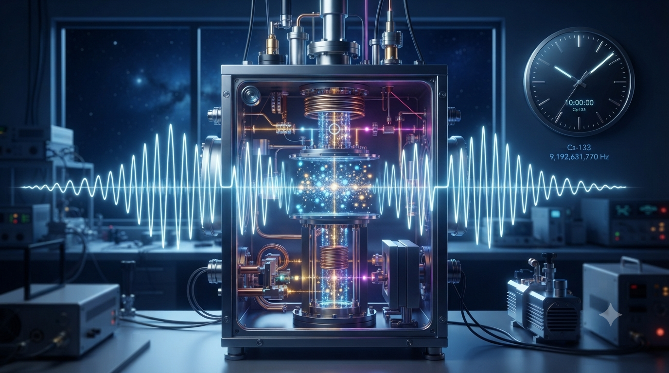 Atomic clock illustrating the SI unit of time, the second, based on the cesium-133 atomic frequency standard.